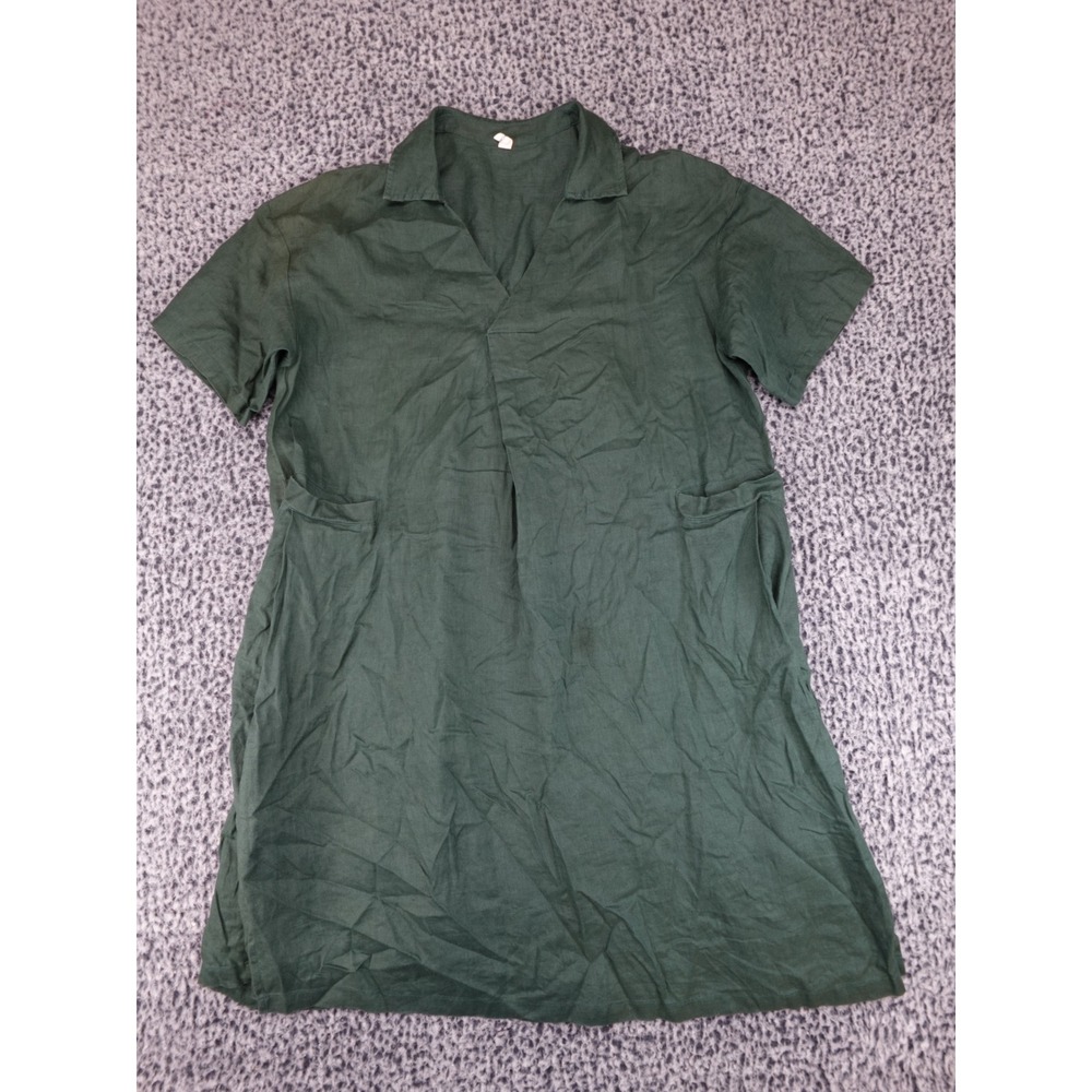 Grae Cove Linen Shift Dress Womens XL Forest Green Short Sleeve V-Neck Pocket